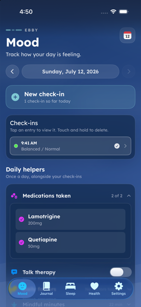 Ebby Mood tab showing today's check-in and daily helpers
